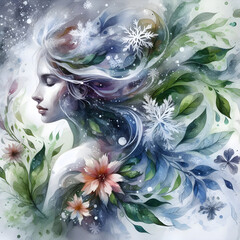 Winter queen with flowers and snowflakes flowing in her hair