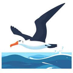 Pixel Art Seabird Flying Over Blue Ocean Waves with Orange Beak and Dark Wings Against a White Background