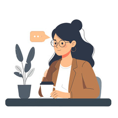 Woman with Dark Hair and Glasses Holding a White Mug wearing Brown Blazer with Gray Plant and Table Isolated on White Background Illustration