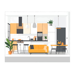 Modern Kitchen Interior with Orange Accents and Black Appliances in Daytime, Featuring Sleek Cabinetry, Stool Seating, Pot Plant and Simple Decor