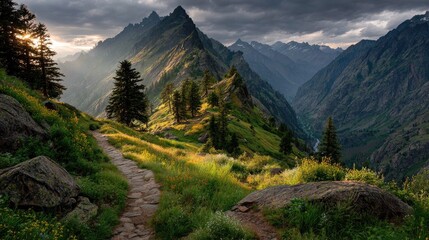 Mountain path bathed in golden sunlight