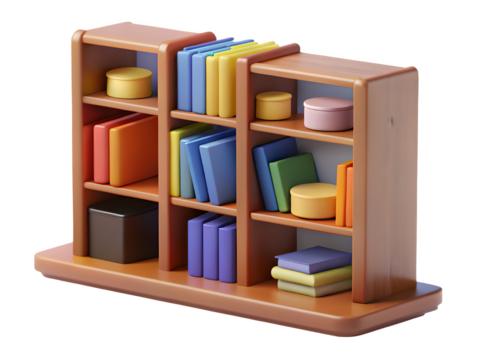 Miniature wooden bookshelf filled with colorful books and decorative jars