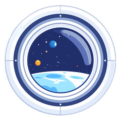 Pixelated Spaceship Porthole View of Celestial Bodies and Light Blue Planet with Stars Against a Dark Blue Sky Background