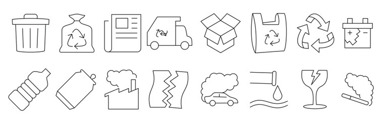 Line icon set of recycle, rubbish and pollution.