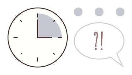 Clock depicting elapsed time with shaded quarter, three dots, and a speech bubble with punctuation. Ideal for productivity, time pressure, urgency, deadlines, confusion, planning simple flat