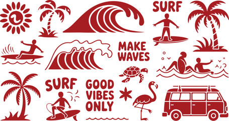 A diverse collection of summer surfing and beach vacation vector design elements, including palm trees, ocean waves, and a retro travel van for graphic projects © BAPJAN IT