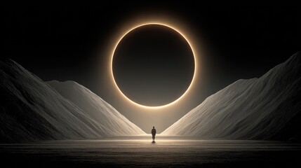 Silhouette figure in a dark valley with a glowing ring