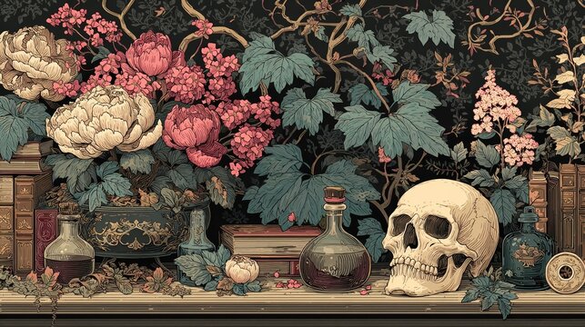 Gothic dark academia illustration featuring skulls, books, poison bottles, small bookshelves, and vintage elements with plants, flowers, vines, and large leaves arranged on a long table