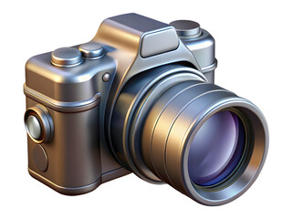 Modern digital camera with silver body and large lens on black background