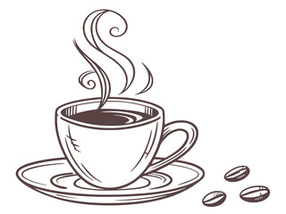 Vector illustration of coffee cup with steam, line art style, solid color fill, white background