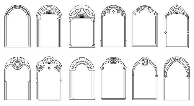 art deco arch frames gold line pattern borders