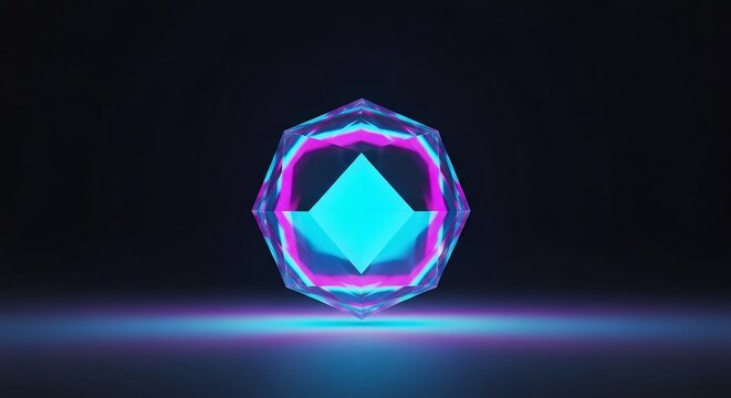Futuristic glass polyhedron encasing a glowing cyan octahedron. Vibrant pink and blue neon energy glows on a dark reflective surface. Abstract 3D render.