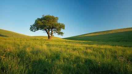 Fototapeta premium A solitary tree stands sentinel on a gently sloping field, bathed in the soft light of a serene sunrise or sunset.