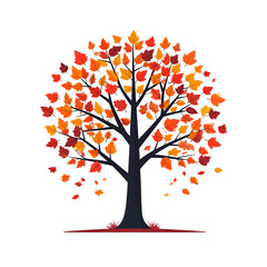 Autumn Tree Illustration with Vibrant Red and Orange Leaves on White Background Pixelated Graphic Design with Falling Foliage and Simple Trunk