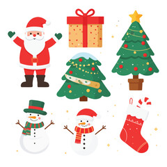 A vibrant set of traditional Christmas icons with Santa Claus, two cheerful snowmen, decorated fir trees, a festive gift box, and a holiday stocking.