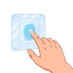 Hand Pressing Blue Glowing Fingerprint Scanner Interface on White Background with Minimalist Vector Aesthetic