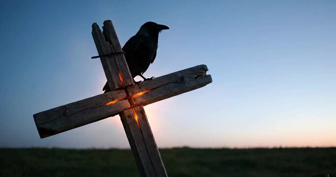 A solitary crow perches on a weathered wooden cross against a clear twilight sky.