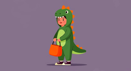 Fototapeta premium Child in a cute green dinosaur costume holding a candy bucket.