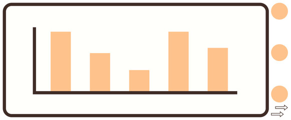 Horizontal bar chart with varying heights representing data. Sidebar includes three navigation dots and arrow icons. Ideal for analytics, data comparison, stats, progress, research, reports, simple