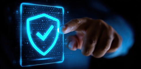 A hand touches a glowing blue shield icon with a checkmark, representing digital security