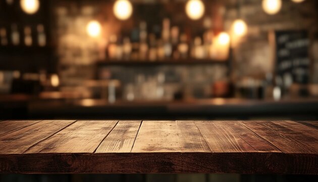 A rustic brown wooden table is in the foreground with a blurry bar scene in the background, featuring shelves of bottles and warm lighting.