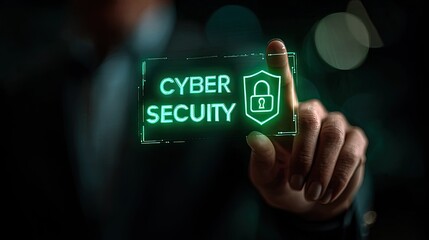 Hand hovering over a glowing, holographic cyber security interface