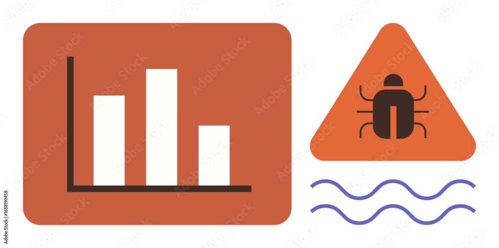 Poster bar chart highlights data pattern, warning triangle shows bug alert, curved lines suggest systemic f