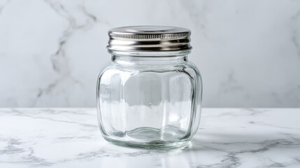 Clear Glass Jar with Silver Lid on Marble Surface, Ideal for Storage or Decoration, Perfect for Culinary or Craft Uses in Kitchen or Home Environment
