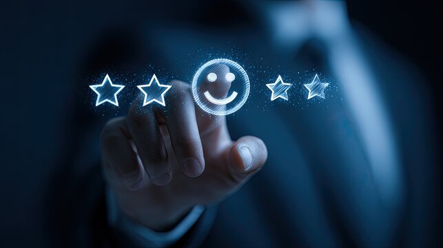 A hand touching glowing review symbols