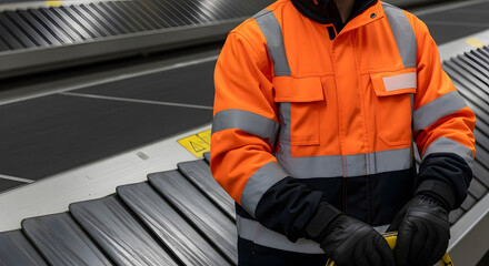 Warehouse Worker at Work A Worker in an Orange Safety Jacket Manages a Conveyor Belt System in a Busy Warehouse