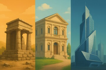 Obraz premium Architectural evolution depicting ancient ruins, classical building, and modern skyscraper