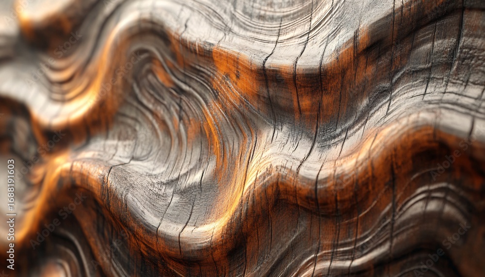 Poster the image shows a close-up view of an abstract wood texture with a three-dimensional wave pattern, e