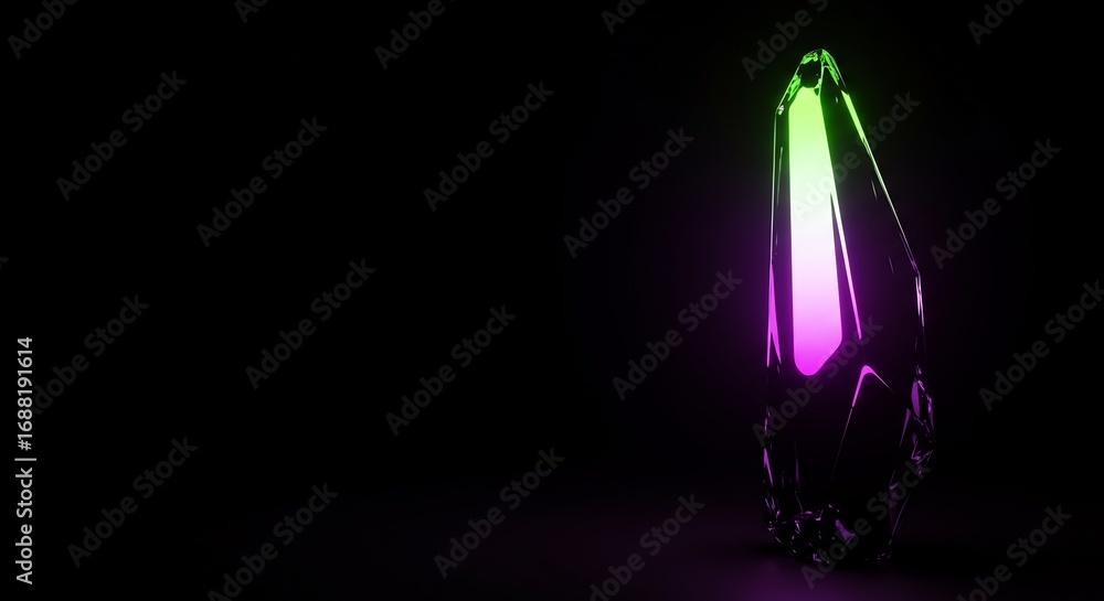 Poster magical crystal artifact glowing with a vibrant purple to green gradient. futuristic 3d render on a 