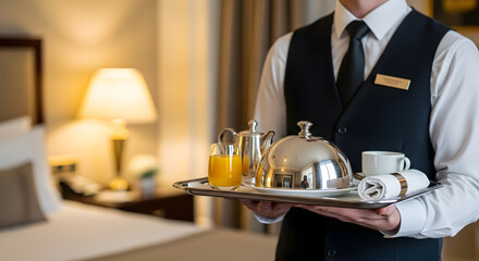 A professional waiter delivering exclusive room service, presenting a gourmet breakfast on a silver tray in a luxurious five-star hotel bedroom suite