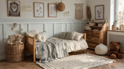 Stylish composition of cozy scandinavian child's room interior with bed, rattan basket, plush and wooden toys and textile hanging decorations. Creative wall, carpet on the floor.