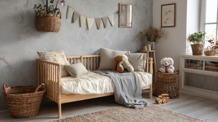 Stylish composition of cozy scandinavian child's room interior with bed, rattan basket, plush and wooden toys and textile hanging decorations. Creative wall, carpet on the floor.