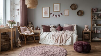 Stylish composition of cozy scandinavian child's room interior with bed, rattan basket, plush and wooden toys and textile hanging decorations. Creative wall, carpet on the floor.