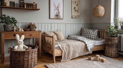 Stylish composition of cozy scandinavian child's room interior with bed, rattan basket, plush and wooden toys and textile hanging decorations. Creative wall, carpet on the floor.