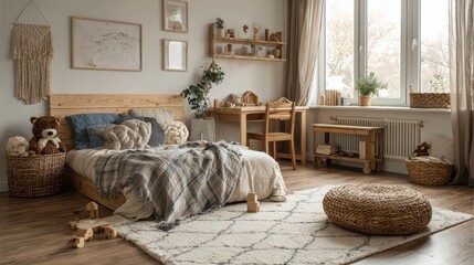 Stylish composition of cozy scandinavian child's room interior with bed, rattan basket, plush and wooden toys and textile hanging decorations. Creative wall, carpet on the floor.