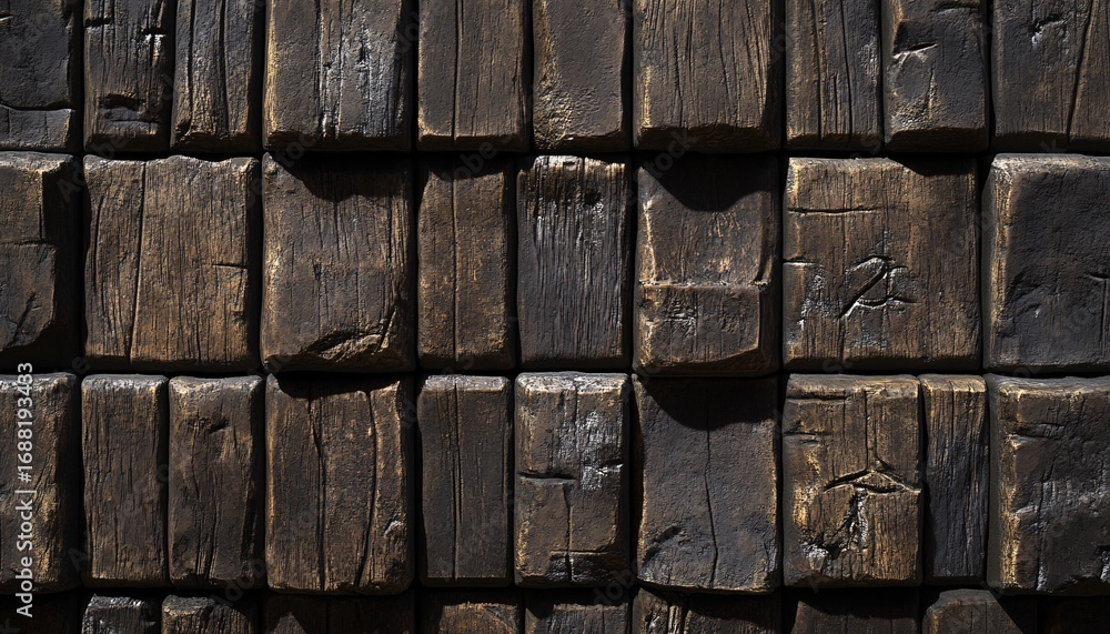 Poster the image shows a wall of dark brown square blocks that are arranged in a repeating pattern, showing