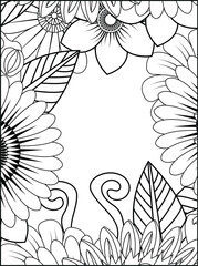 Detailed floral border outline coloring page nature elements art design template white background