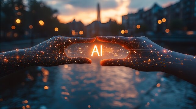 Futuristic AI concept with glowing digital hands and city lights at dusk artificial intelligence Photo