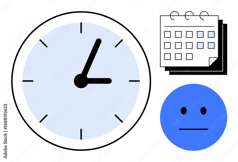 Poster clock with simple dial, calendar with pages, and neutral face emotion symbolize time management, pla