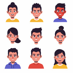 Collection of diverse cartoon faces showing a range of emotions, including happiness, anger, frustration, and sadness, on a white background.