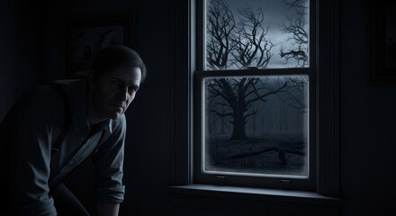 An elderly man sits near the window of an old house all alone.