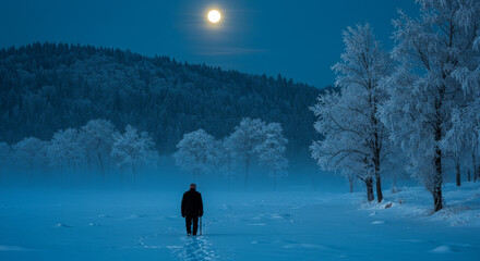 A man strolls leisurely through a fabulous natural landscape illuminated by moonlight.