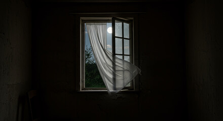 The wind from the window flutters the curtains in the old house in the moonlight.