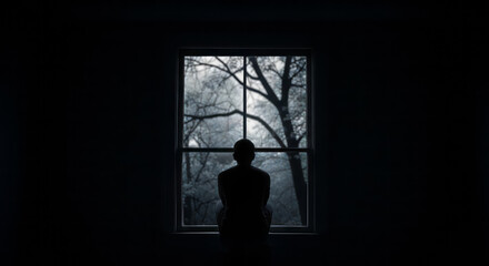 An elderly man sits near the window of an old house all alone.