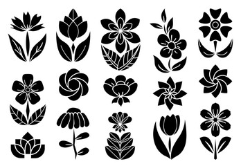 set of black silhouettes of flowers