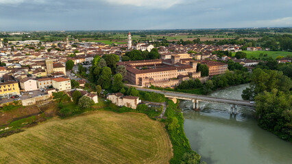 Aerial view capturing Pontevico in Brescia, Italy, featuring the Civic Tower among residential...